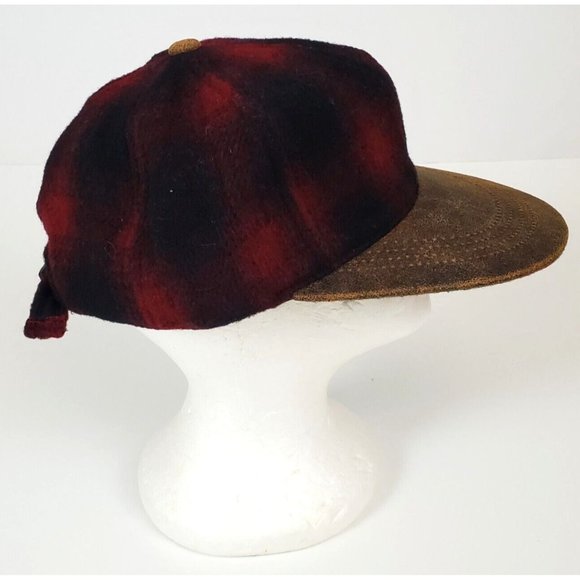 NOS Vintage Wool, Leather Visor & Button Hunting Strapback Hat Red Black Plaid - Picture 1 of 10